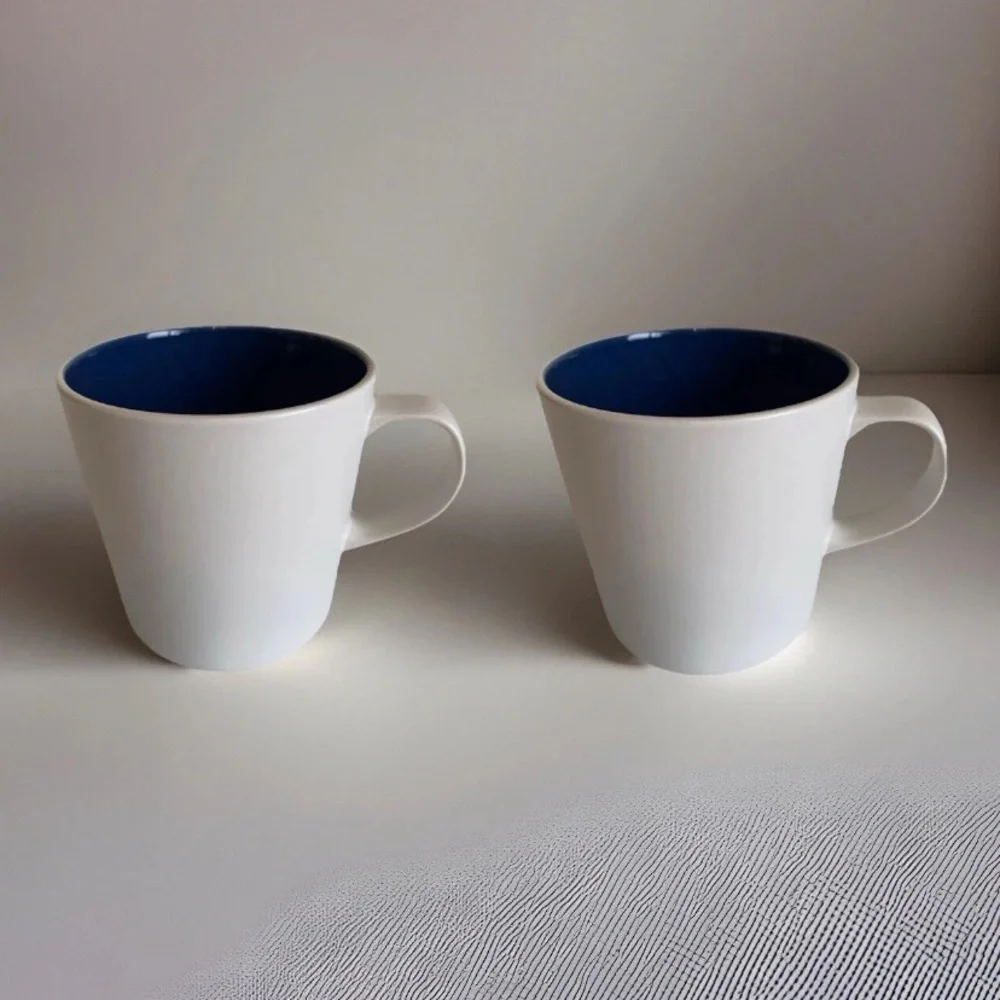 2 Pair Crate & Barrel Coffee Mugs White Cerulean Blue 3-5/8